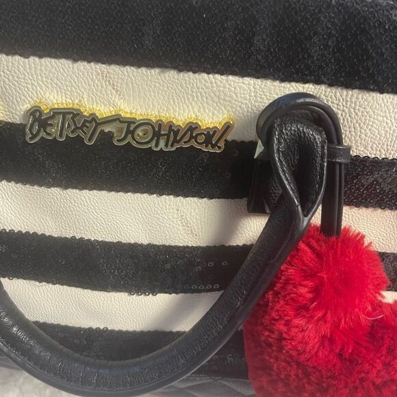 Betsey Johnson Synthetic Black sequins and White Striped satchel red accents - Picture 13 of 13